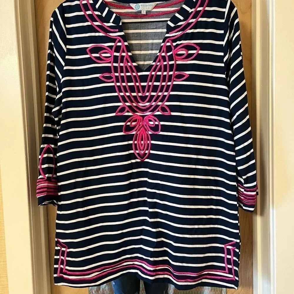 Escapada Living Navy Stripe Pink Embroidered Tunic Top sz L